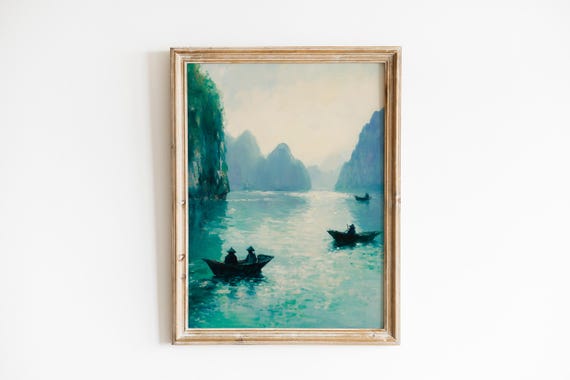 Fishermen On Misty Halong Bay Painting Tranquil Coastal Wall Art Moody Relaxing Seascape Vintageinspired Maritime Decor 421
