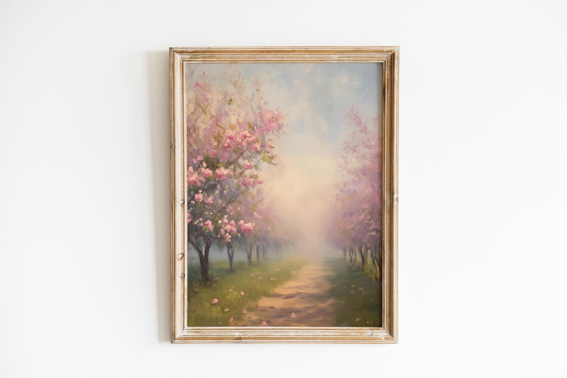 Misty Blossom Orchard Dawn Impressionistic Pastoral Art Poster