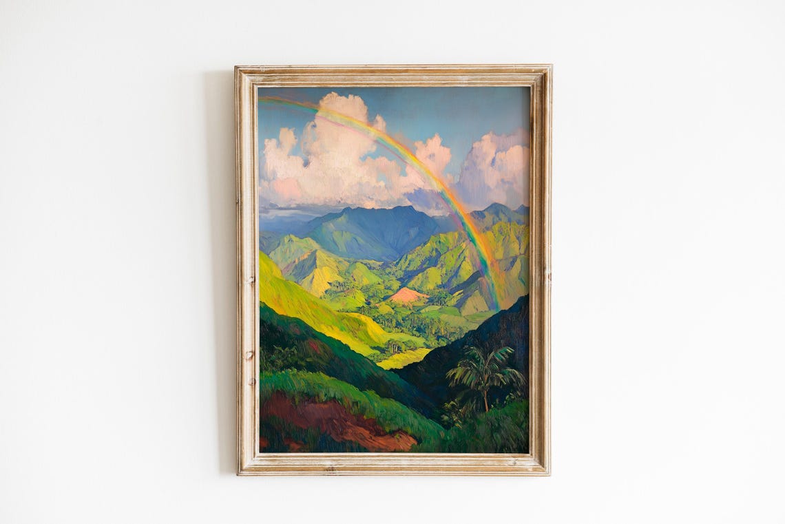 Tropical Rainbow Over Lush Green Valley Mountains Landscape Poster