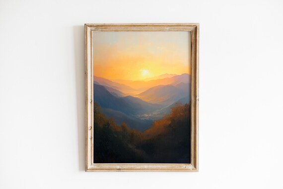 Sunrise Over Layered Mountain Ranges Serene Moody Landscape Art Wall Decor Atmospheric Nature Painting 295