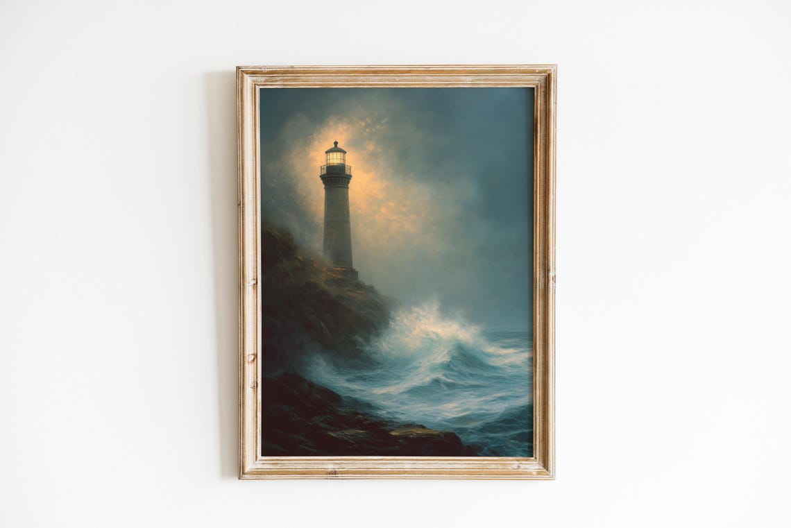 Lighthouse Beam In Night Fog Crashing Waves Moody Seascape Poster