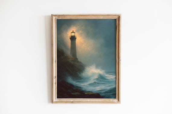 Moody Lighthouse Print Nautical Coastal Art Vintage Wall Decor Atmospheric Sea Mist Painting 52