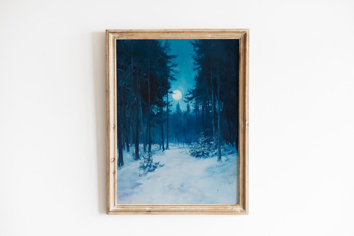 Moonlit Winter Forest Snow Path Night Oil Painting Blue Art Poster