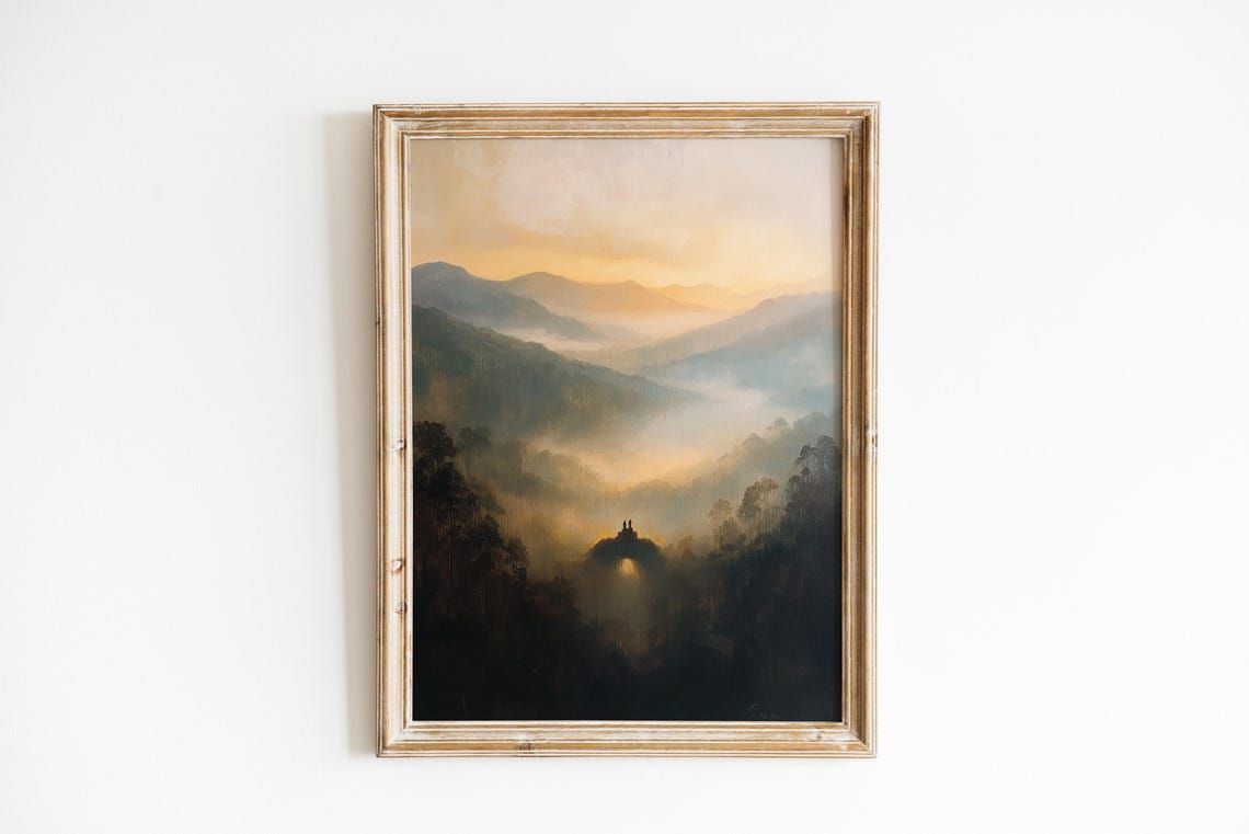 Misty Sunrise Mountain Layers Temple Silhouette Moody Art Poster