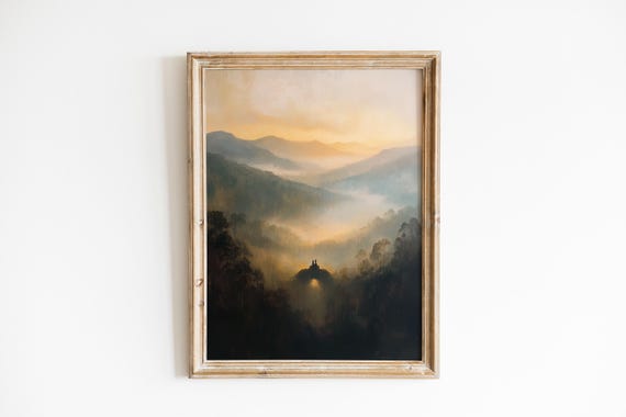 Misty Sri Lankan Temple Bell Painting Serene Moody Landscape Warm Sunrise Light Spiritual Shrine Art Wall Decor 414
