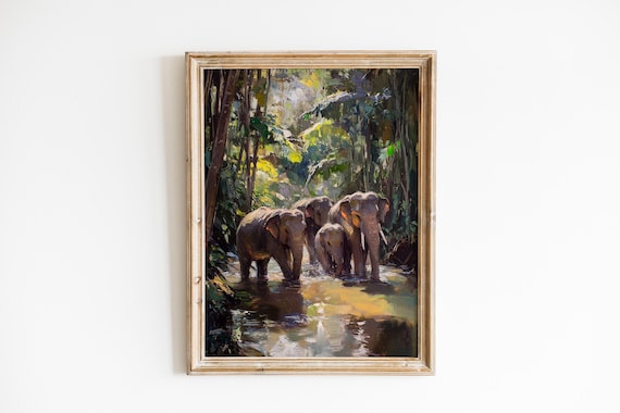 Asian Elephants Bathing in Jungle River Tropical Wildlife Art Poster