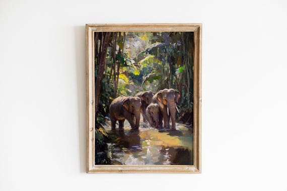 Sunlit Elephants Bathing In Jungle River Tropical Moody Landscape Art Tranquil Impressions Earthy Wall Decor 402