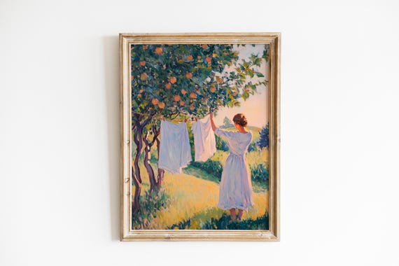 Rustic Farmhouse Wall Art Pastoral Scene Of Farmwife Hanging Linens Cozy Summer Decor Print 42