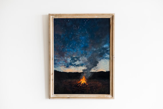 Campfire Under Starry Night Sky Glowing Embers Oil Painting Wall Art