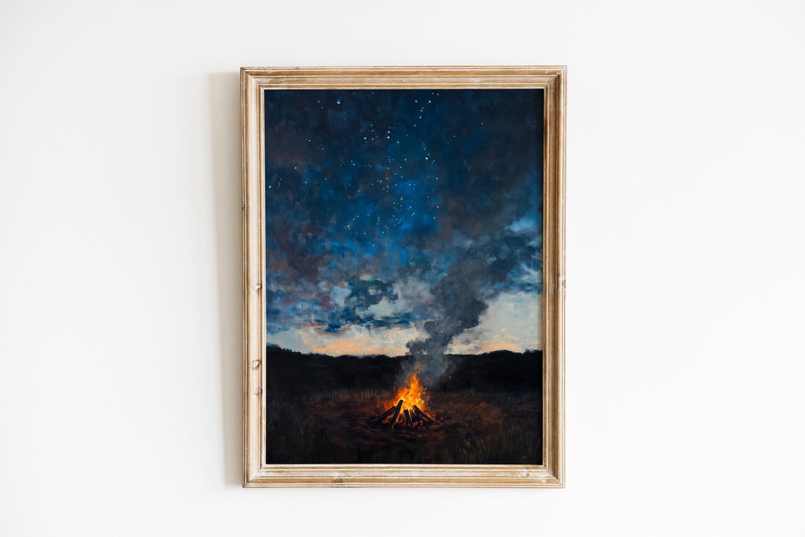 Moody Campfire Wall Art Rustic Nightscape Oil Painting Glowing Embers And Starry Sky Cozy Outdoor Decor 619