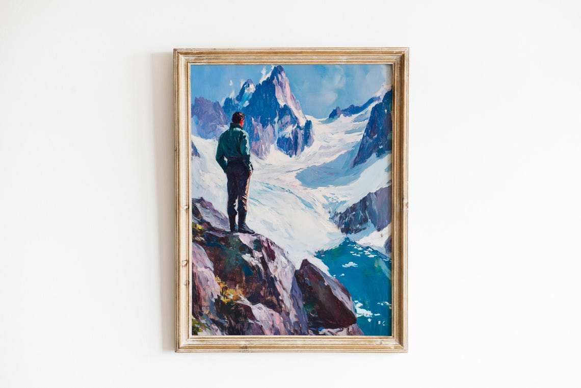 Lone Hiker Precipice Glacier Mountain Vista Oil Painting Poster