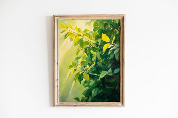 Sunlit Green Leaves Wall Art Fresh Botanical Print Calming Natureinspired Decor Morning Light Painting 574