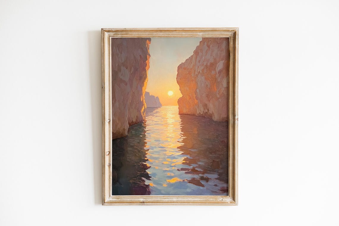 Golden Sunset Over Rocky Coastal Cliffs Ocean Seascape Poster