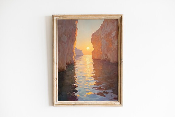 Moody Sunset Between Sea Cliffs Dramatic Coastal Art Earthy Seascape Vintage Scene Nature Wall 902