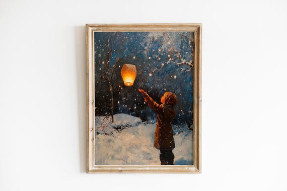 Moody Winter Night Lantern Release Vintage Snowy Scene Cozy Child With Paper Festive Sky Art 985