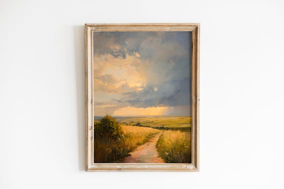 Rustic Prairie Landscape Painting Moody Sunlit Fields Scene Dramatic Clouds And Rain Shafts Earthy Wall Art Print 737