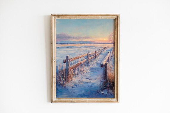 Rustic Winter Pathway at Sunrise Frosty Fences Snowy Field Art Poster