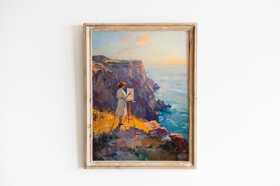 Moody Coastal Art Rustic Painter On Cliff Dramatic Seascape Vintage Wall Decor Ocean Sunset Scene 155