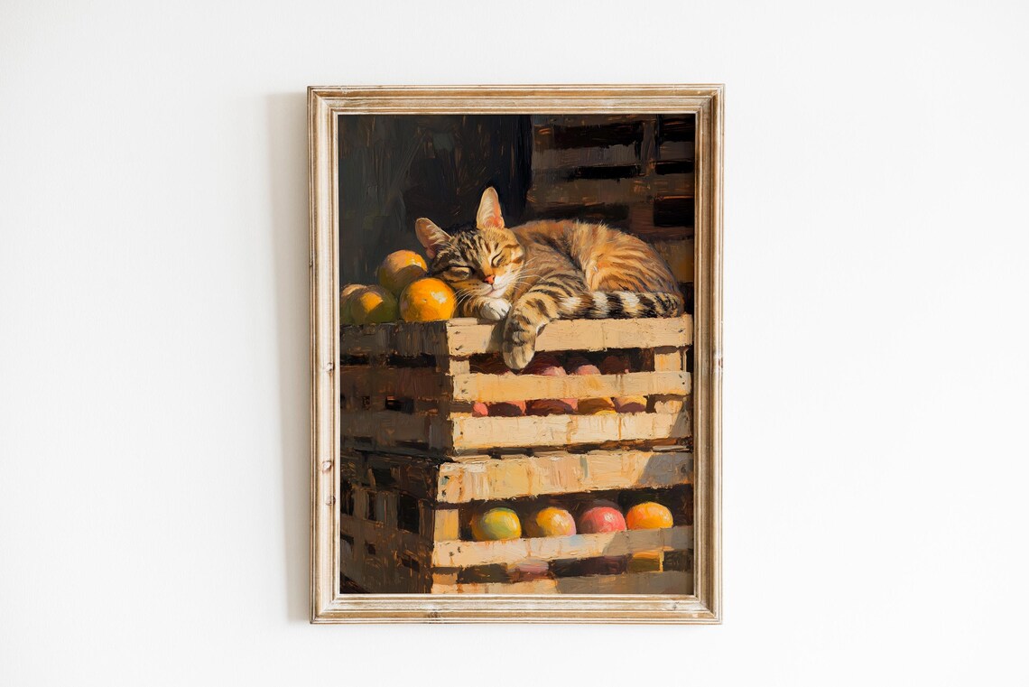 Napping Tabby Cat Poster on Rustic Produce Crates with Oranges Farm Art