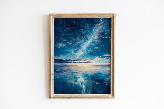 Moody Milky Way Night Sky Over Reflective Water Celestial Landscape Painting Tranquil Starry Scene Wall Art 897