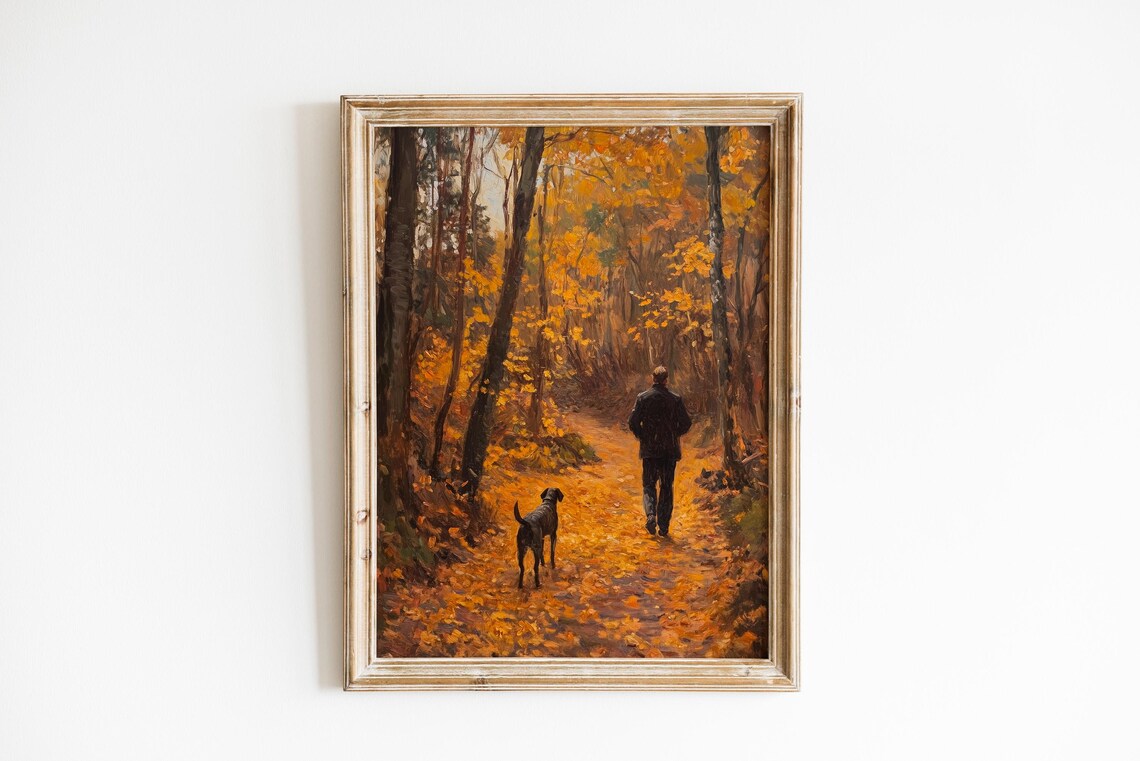 Man And Dog Walking On Autumn Forest Path Oil Painting Poster