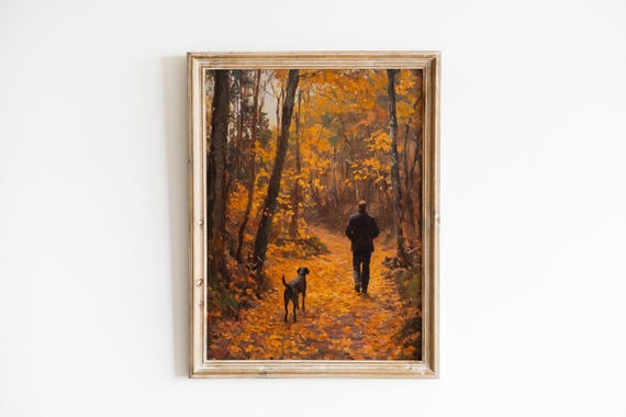 Man And Dog Walking On Autumn Forest Path Oil Painting Poster