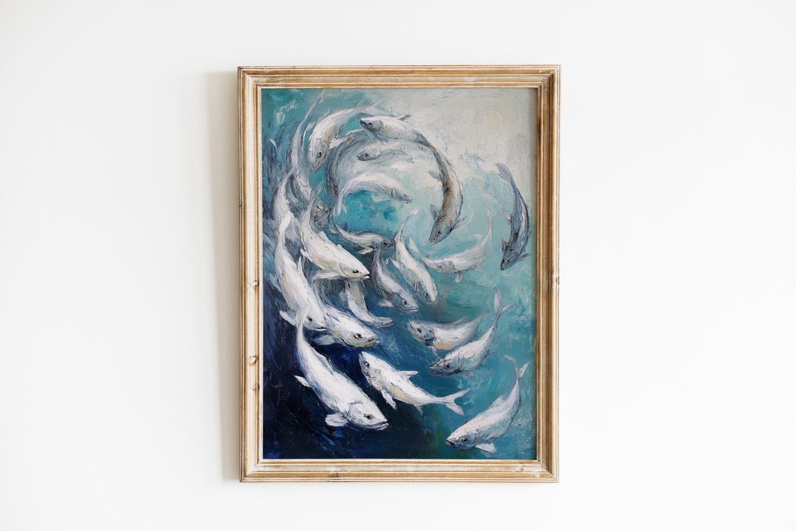 Silver Fish Swirling In Deep Navy Water Elegant Coastal Ocean Wall Art