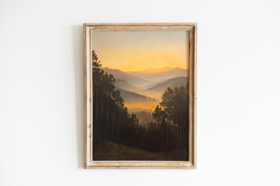 Moody Mountain Landscape Art Serene Dawn Over Misty Valleys Cozy Rustic Wall Decor Golden Light 303