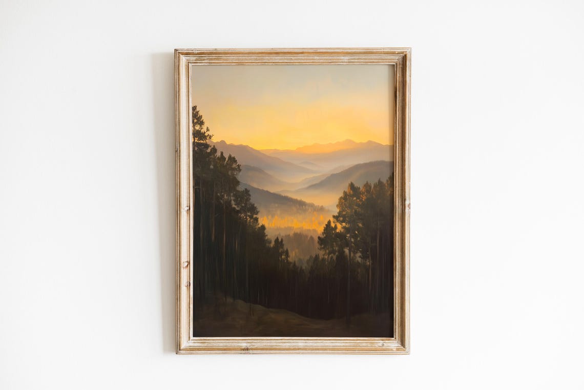 Misty Mountain Valley Golden Dawn Pine Forest Moody Landscape Poster