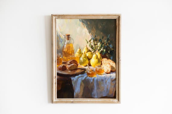 Vintage Sunlit Pears Still Life Rustic Classic Moody Painting Warm Earthy Tones Traditional Fruit Decor Wall Art 849