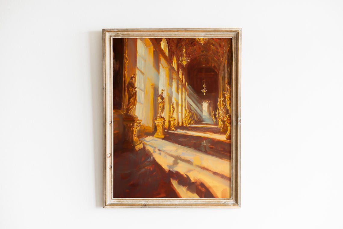 Golden Sunlit Palace Hall Warm Interior Oil Painting Wall Art