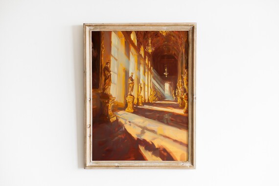 Rustic Sunlit Prayer Hall Interior Moody Warm Painting With Golden Light Streaming Through Arches Vintage Wall Art 854