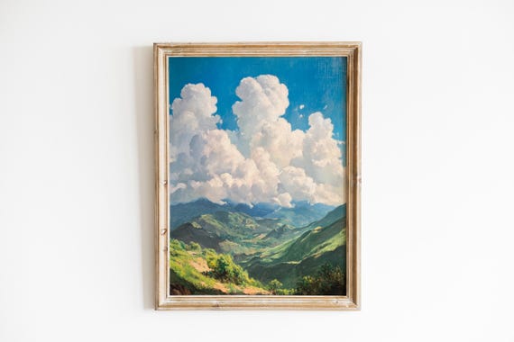 Moody Landscape Art Dramatic Clouds Over Lush Valley Vintage Mountain Scene Serene Nature Decor Print 550