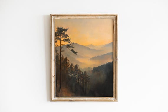 Rustic Dawn Misty Mountain Landscape Serene Vintage Art Soft Atmospheric Wall Cool Blue Gray Tones 304