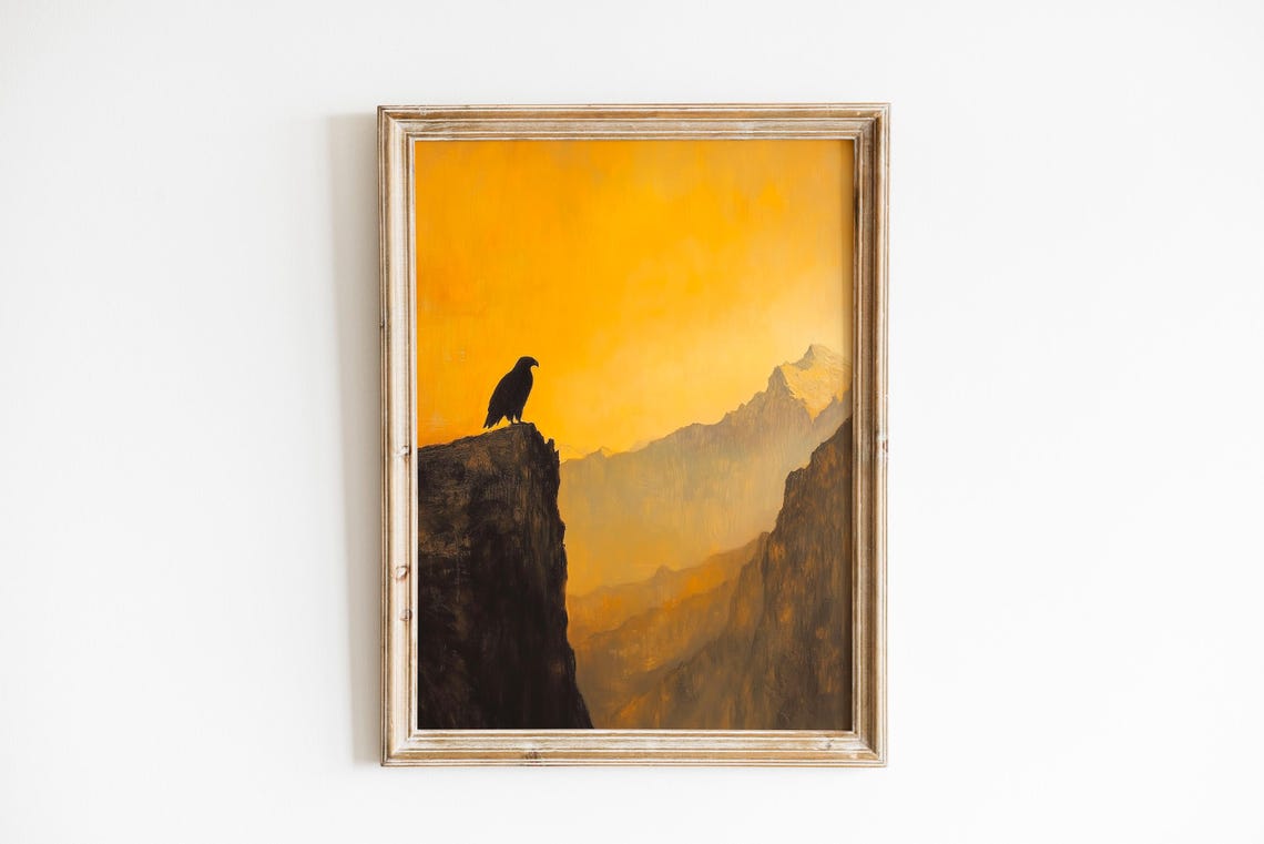 Majestic Eagle Silhouette on Cliff Golden Sunset Mountain Art Print