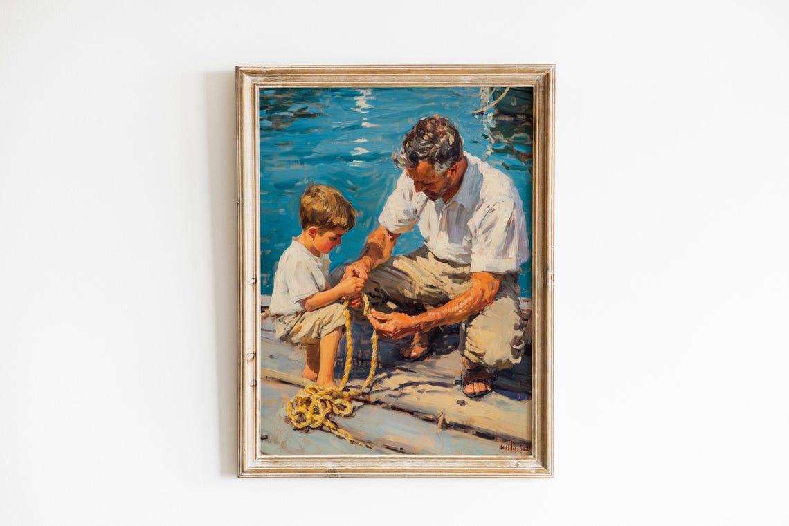 Father Teaching Son Sailor Knots Vintage Nautical Art Poster