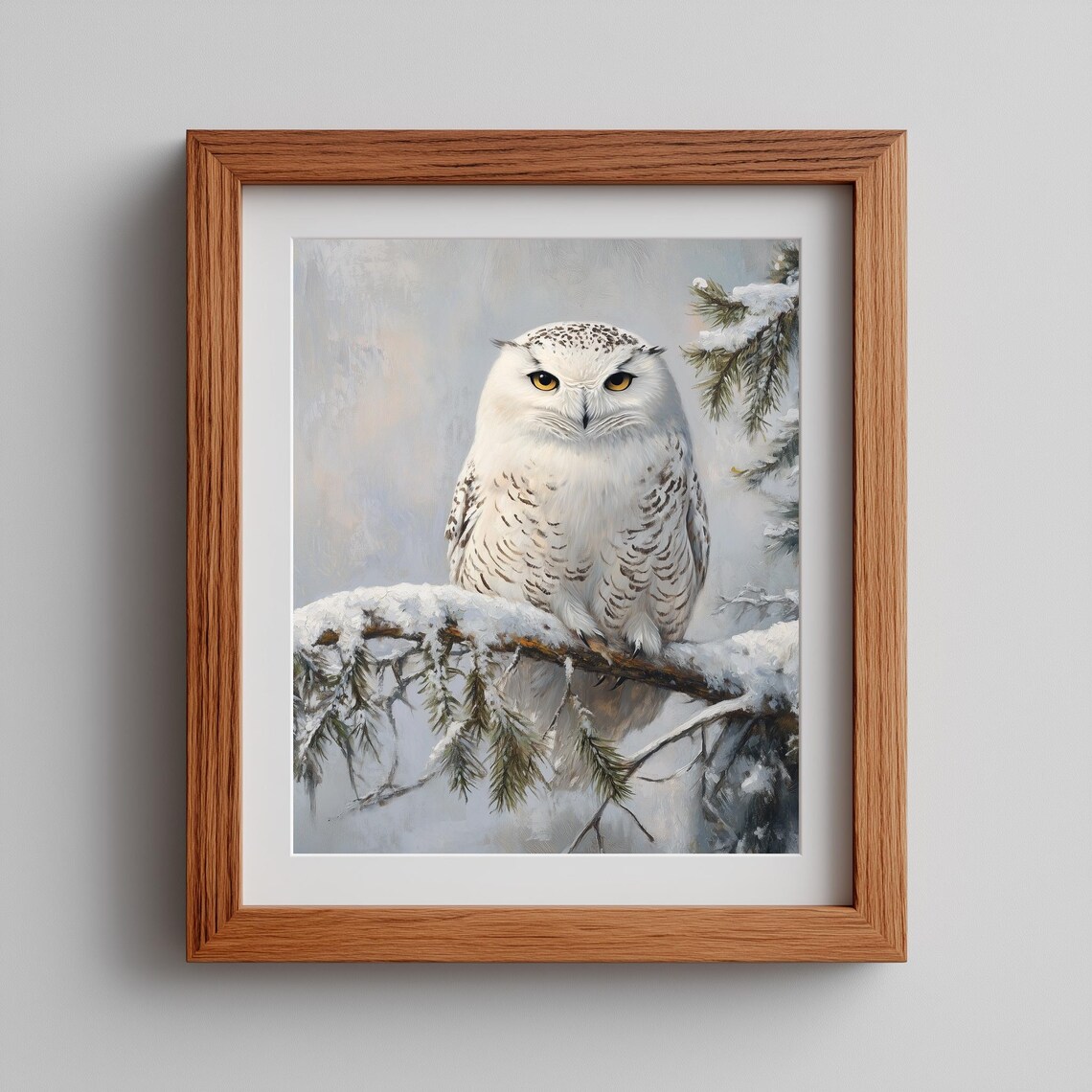 Snowy Owl Winter Wildlife Painting Frosty Pine Branch Art Poster