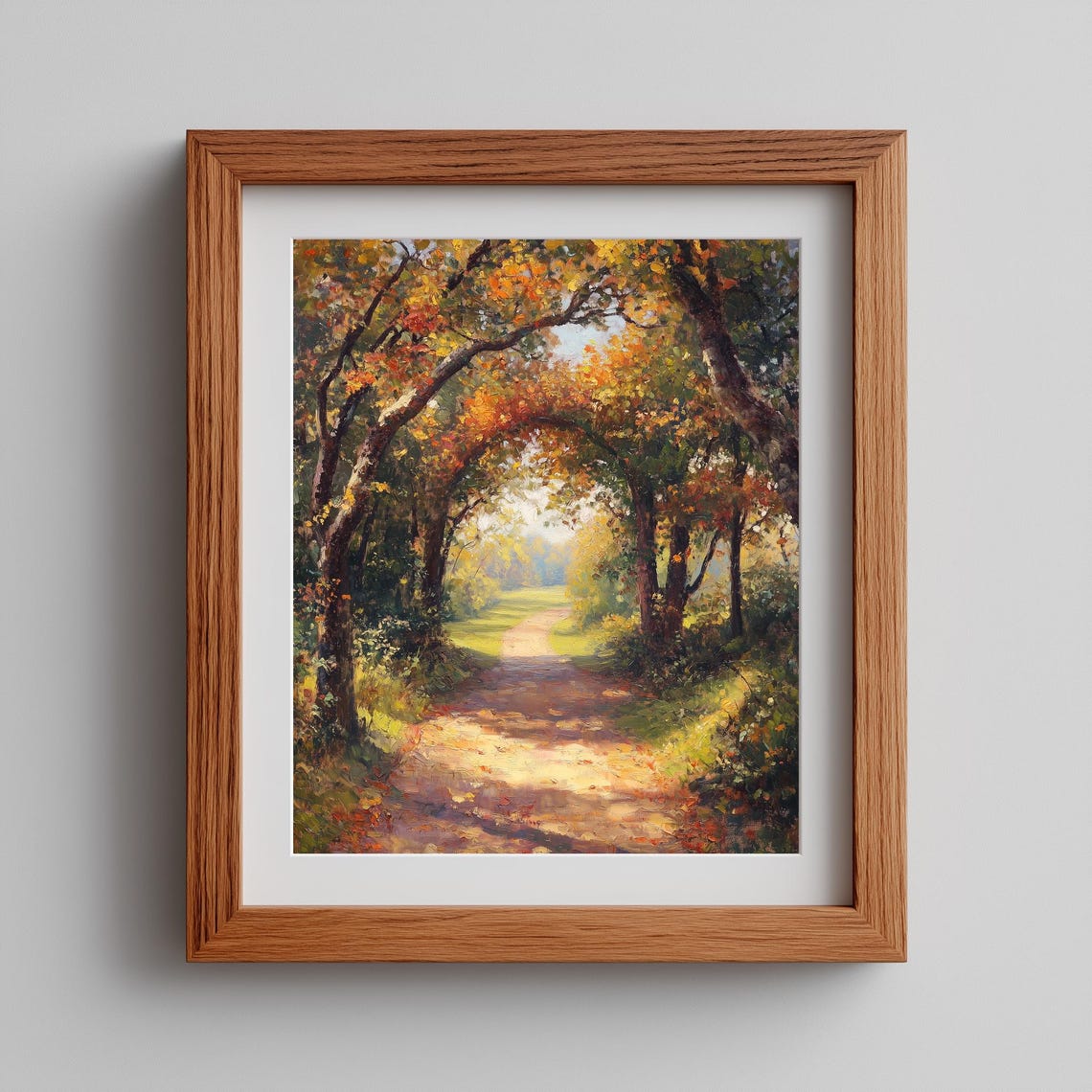 Sunlit Autumn Country Path Painting Leafy Tree Arch Landscape Wall Art