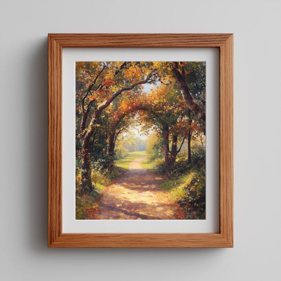 Sunlit Autumn Country Path Painting Leafy Tree Arch Landscape Wall Art