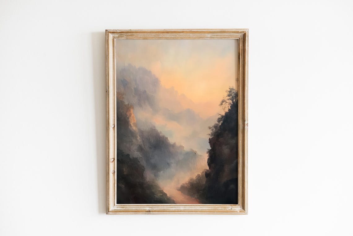 Moody Misty Mountain Valley at Dawn Tranquil Oil Painting Poster