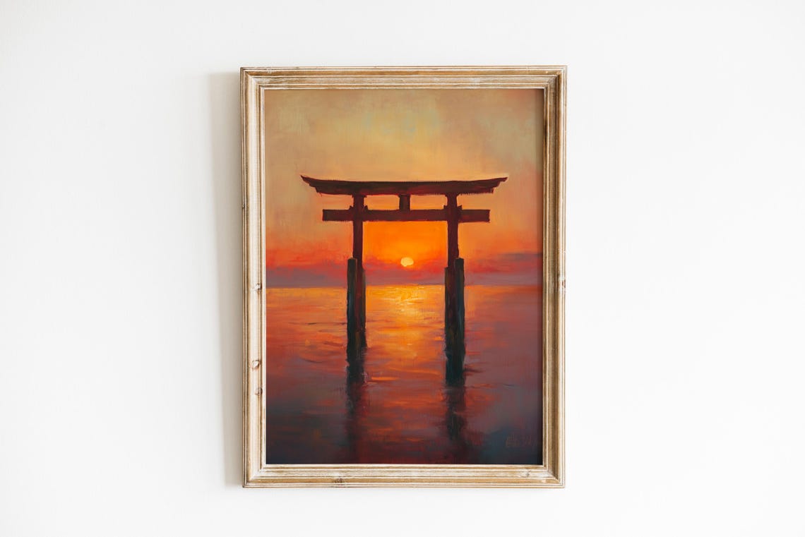 Japanese Torii Gate at Sunset Ocean Silhouette Poster Wall Decor