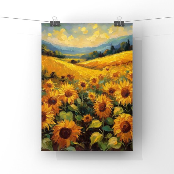 Golden Sunflower Field at Sunset Hillside Landscape Painting Poster