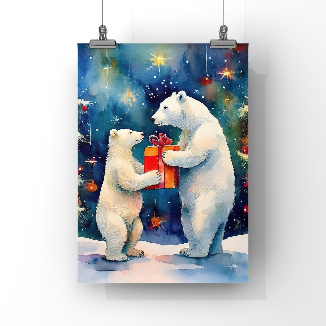 Two Polar Bears Sharing Christmas Gift Holiday Painting Poster