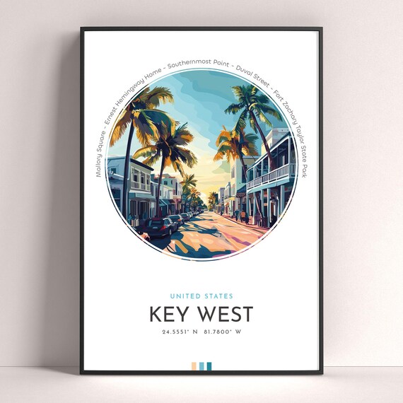 Key West Florida Duval Street Palm Lined Sunset Travel Poster