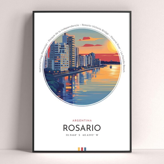 Rosario Argentina Sunset Riverfront City Skyline Travel Poster