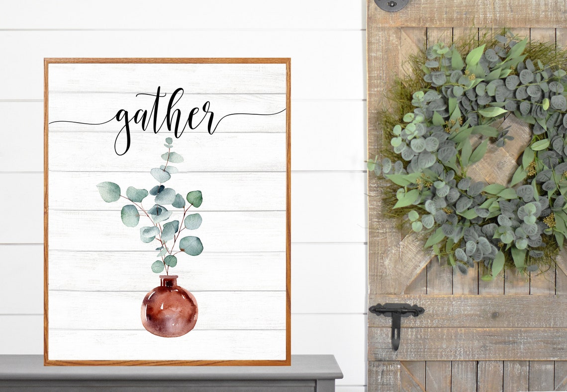 Gather Calligraphy Quote with Copper Bud Vase Eucalyptus Poster
