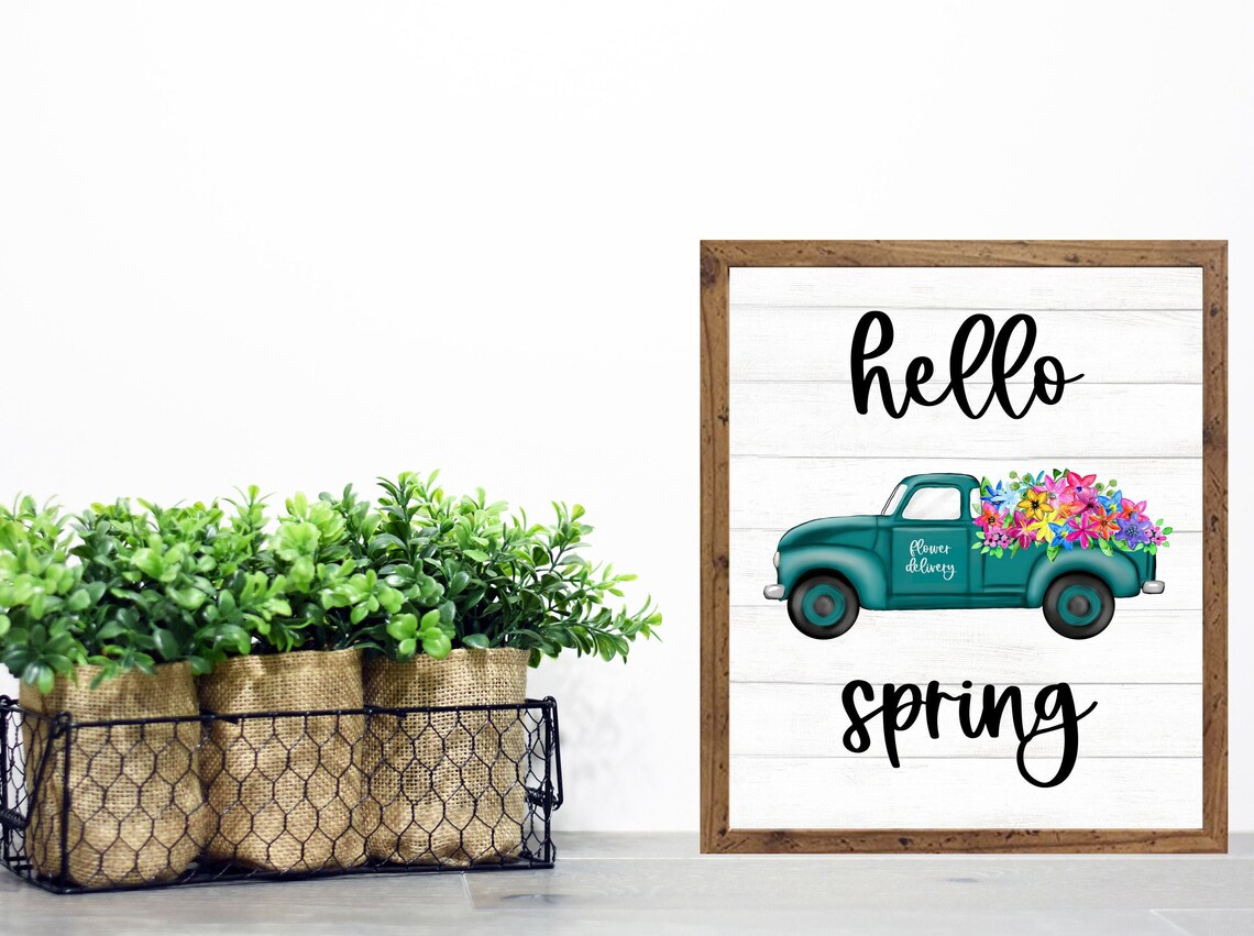 Hello Spring Teal Vintage Truck Flower Delivery Farmhouse Poster