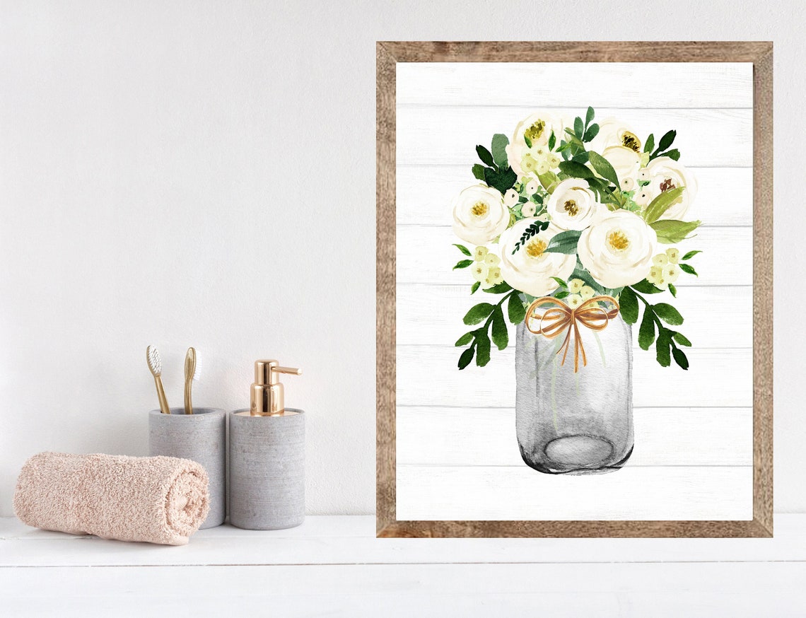 White Floral Bouquet In Gray Mason Jar Watercolor Bathroom Wall Poster