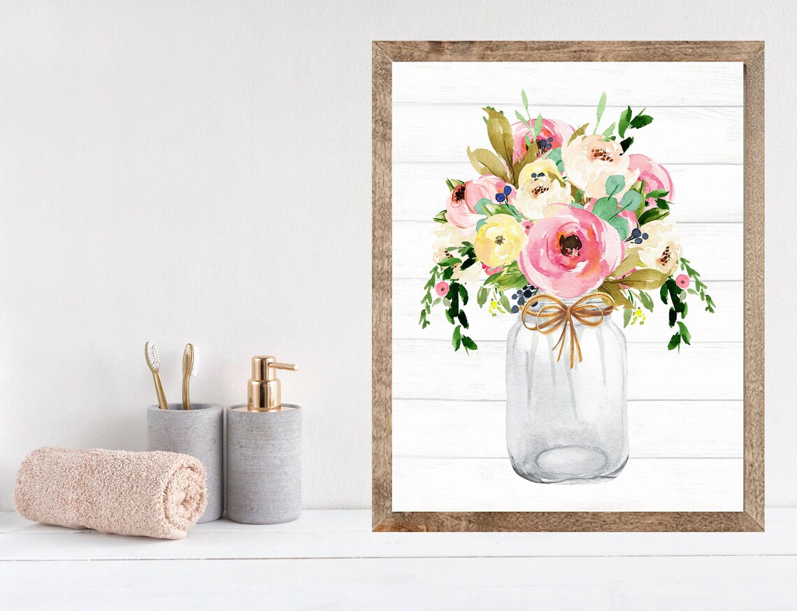 Pink Roses and Wildflowers in Clear Mason Jar Farmhouse Poster