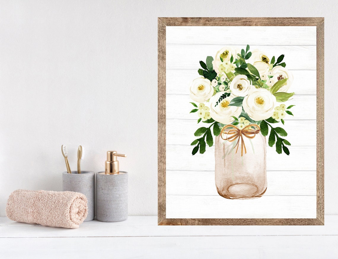White Ranunculus Bouquet In Amber Mason Jar With Raffia Bow Poster